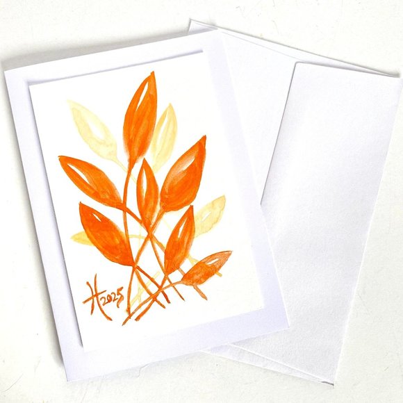 Funky Leaves Orange Original Watercolor Art Painting Handmade Greeting Card - Picture 5 of 5